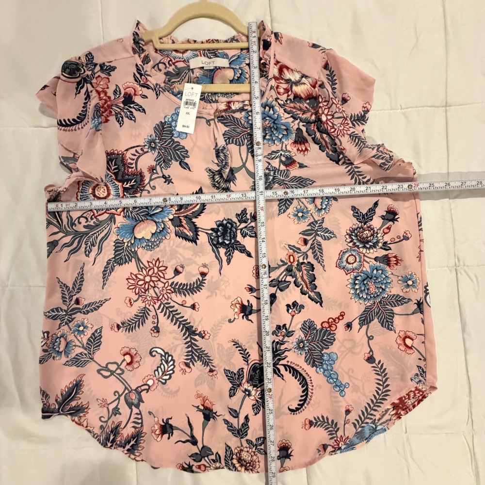LOFT Blouse XXL Pink Floral Ruffle Sleeve Keyhole Neck NEW - Picture 11 of 15